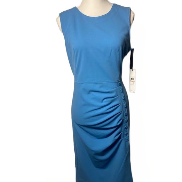 NWT $134 CALVIN KLEIN Women 12 Button-Trim Pleated Sheath Stretch Midi Dress - Picture 2 of 7